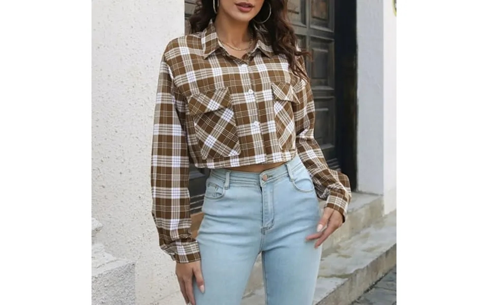 Viadha Women S 2023 Plaid Shacket Jacket Button Long Sleeve Tops Blouse Shirt Plaid Printin Coat Navel Short On Clearanc