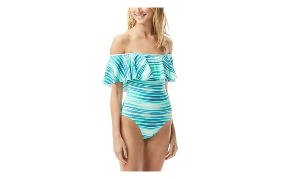 Vince Camuto Swim Women S Green Striped Stretch Removable Cups Lined Moderate Coverage Ruffled Off The Shoulder One Piec