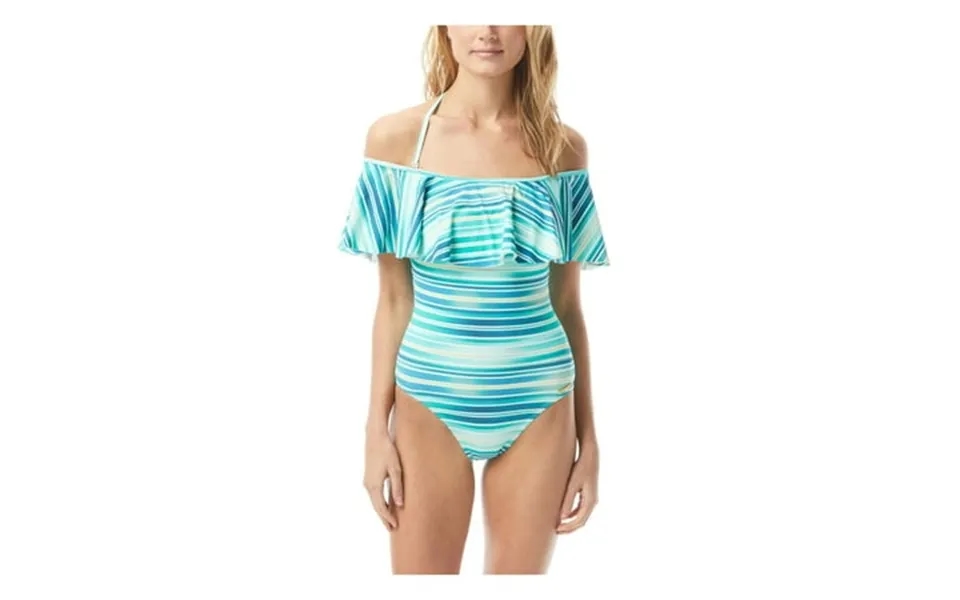 Vince Camuto Swim Women S Turquoise Striped Stretch Removable Cups Lined Moderate Coverage Ruffled Off The Shoulder One
