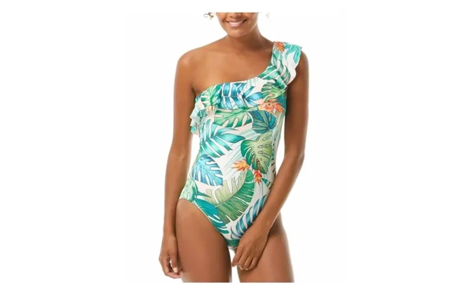Vince Camuto Swim Women S White Tropical Print Removable Cups Lined Ruffled One Shoulder One Piece Swimsuit 8