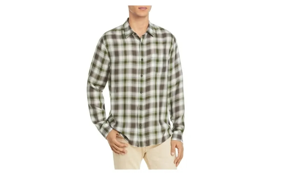 Vince. Mens Green Plaid Long Sleeve Collared Slim Fit Button Down Shirt