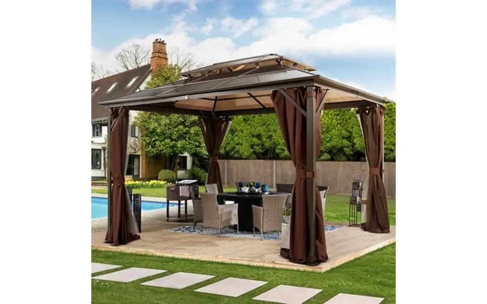 Vivohome 10 X 13 Double Roof Hardtop Gazebo Polycarbonate Roof & Aluminum Alloy Frame With Netting & Uv-proof Privacy Cu