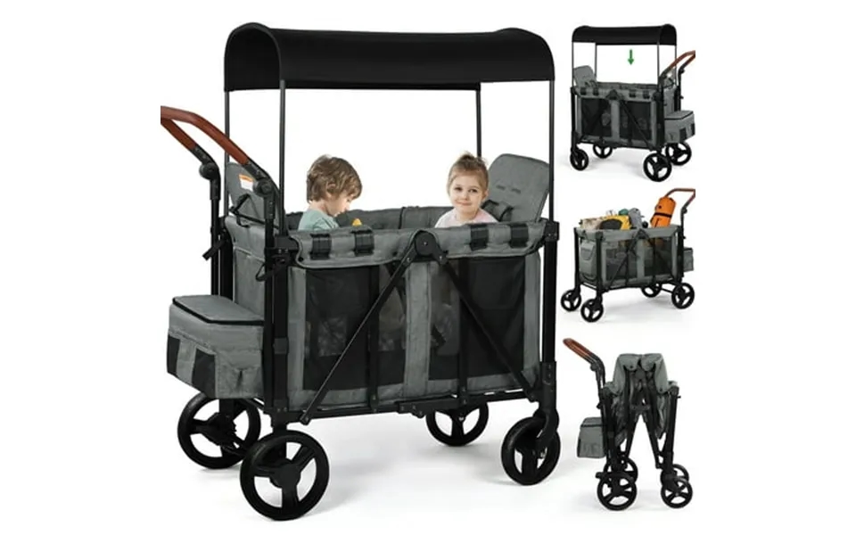 Vomeast Wagon Stroller For 2 Kids 3-in-1 Wagon Stroller With Canopy 5-point Harness Adjustable Handlebars Removable Seat