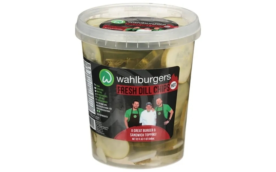 Wahlburgers Hot Dill Chip Pickles 32 Fl Oz 1 Oz Serving Size 24 Servings Per Plastic Tub Container