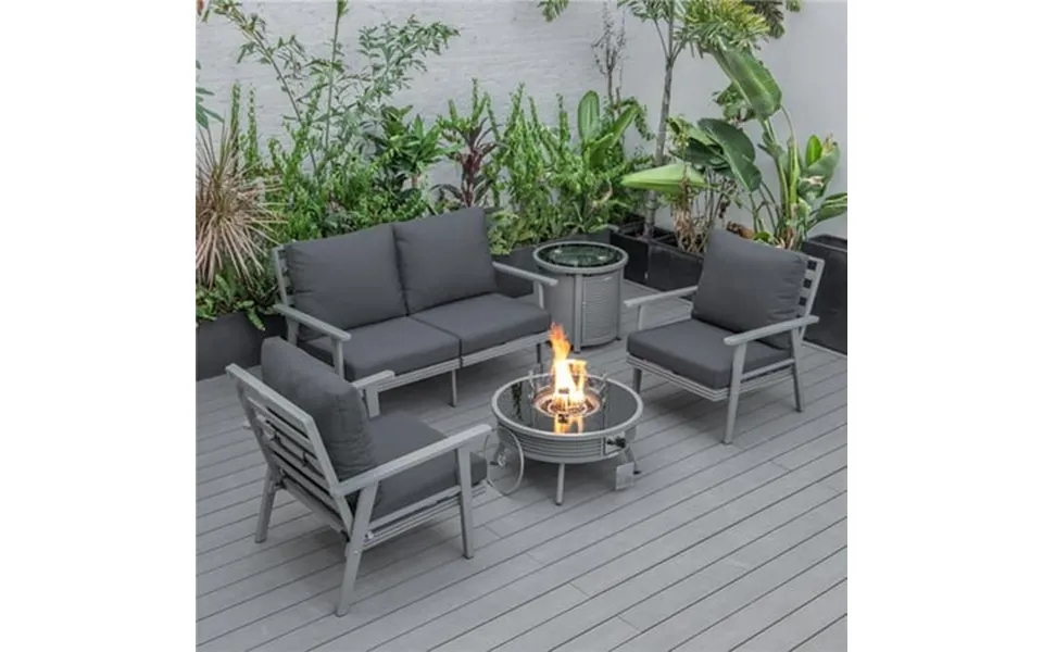 Walbrooke Modern Gray Patio Conversation With Round Fire Pit Slats Design & Tank Holder Charcoal