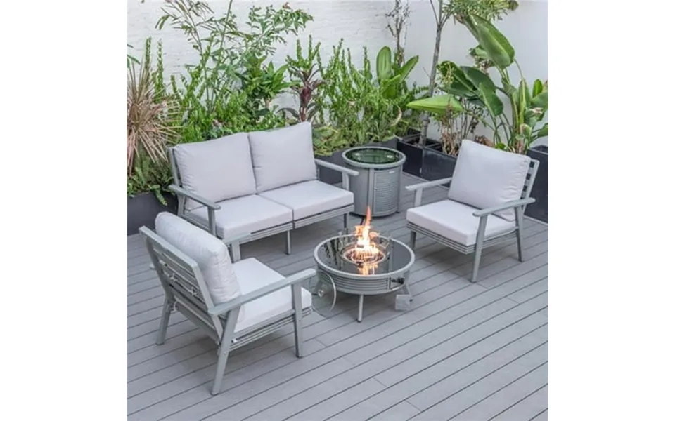 Walbrooke Modern Gray Patio Conversation With Round Fire Pit Slats Design & Tank Holder Light Gray