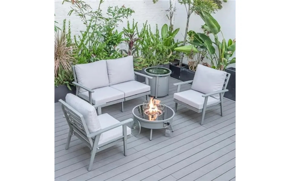 Walbrooke Modern Gray Patio Conversation With Round Fire Pit & Tank Holder Light Gray