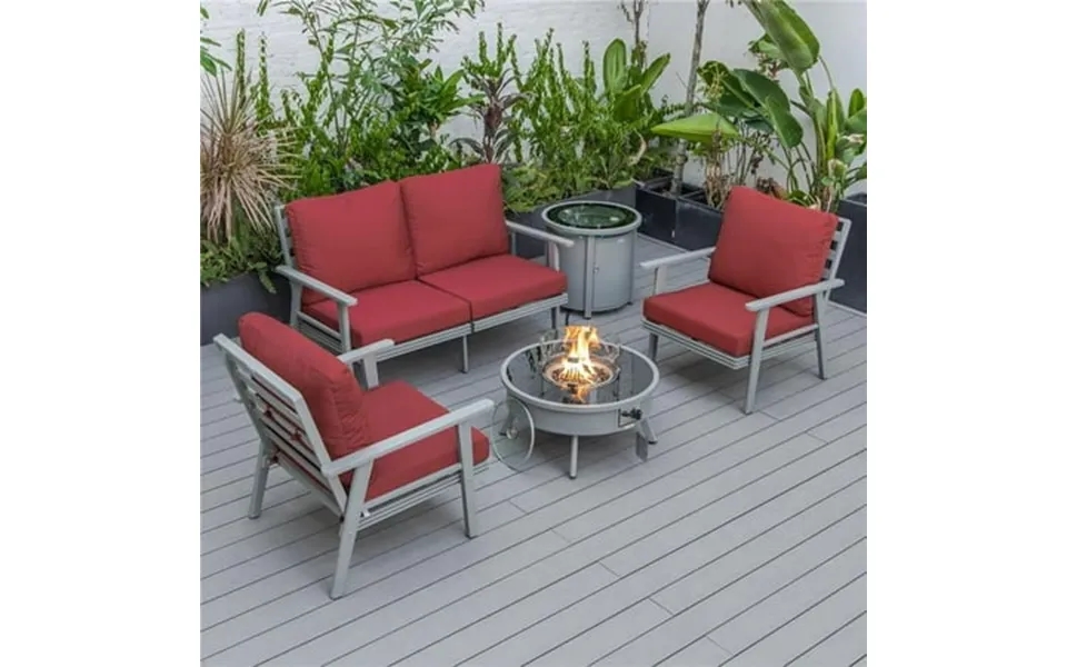 Walbrooke Modern Gray Patio Conversation With Round Fire Pit & Tank Holder Red