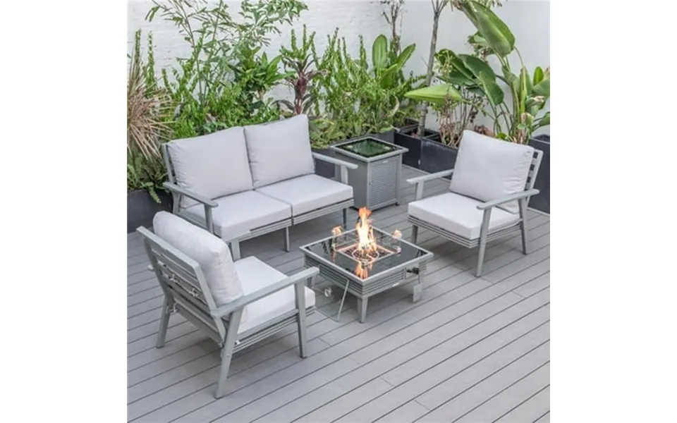 Walbrooke Modern Gray Patio Conversation With Square Fire Pit Slats Design & Tank Holder Light Gray
