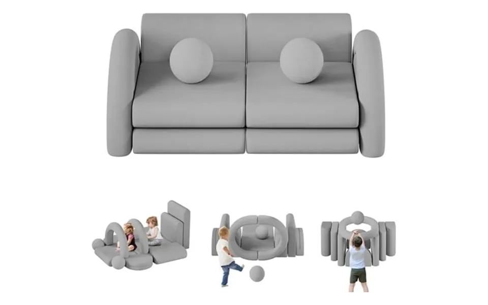 Wanan 12pcs Modular Kids Play Couch With Balls And Tunnel Toddler Sofa For Playroom Gray