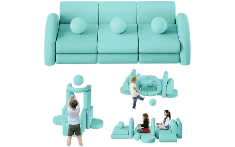 Wanan 16pcs Modular Kids Play Couch With Balls And Tunnel Toddler Sofa For Playroom Ice-snow Blue
