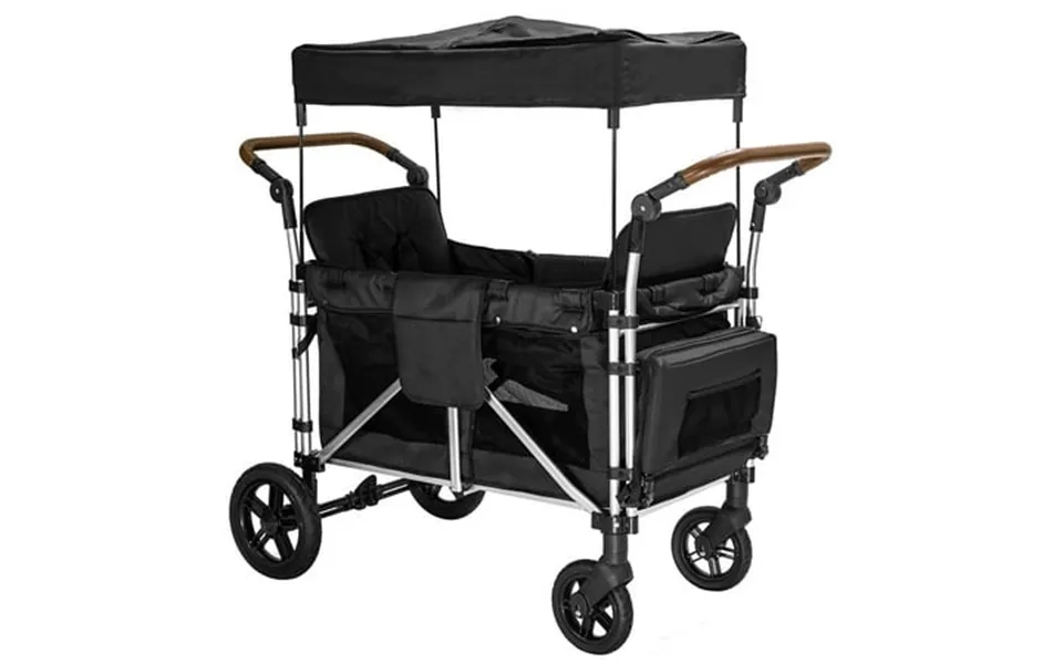Wanan Foldable Push-pull Rod Wagon 2 Seater Stroller With Adjustable Canopy Black