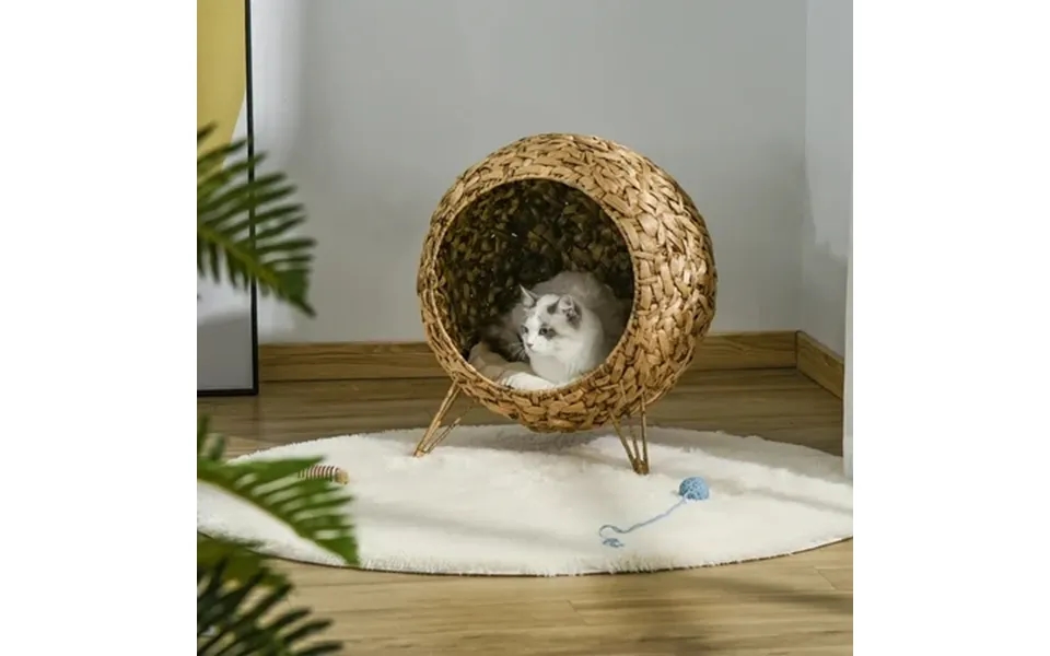 Weaved Cat Bed Elevated Hand-woven Braided Banana Leaf Kitten House Condo With Cushion Natural