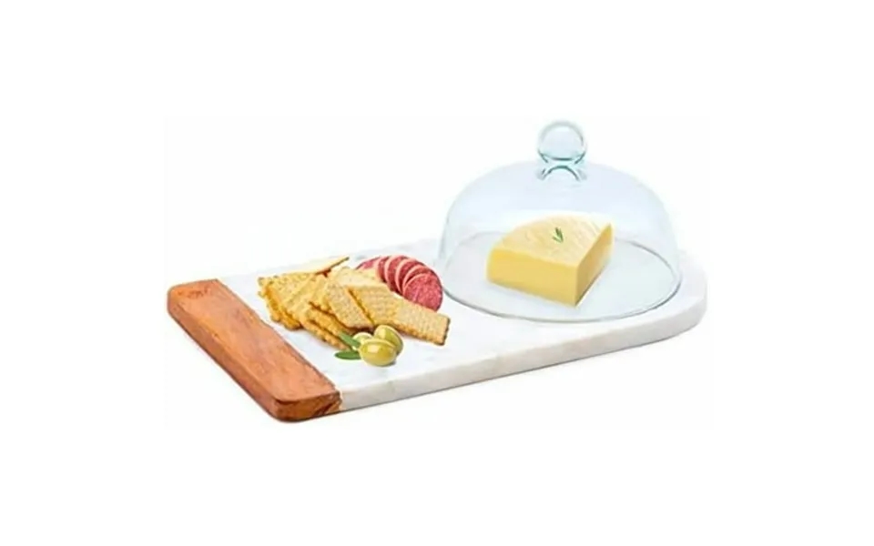 White Marble Glass Domed Cheese Board & Cake Stand With Lid Glass Cloche Cover Handcrafted Acacia Wood Decorative Center