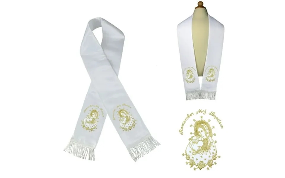 White Satin Stole Baptism Christening Silver Gold Embroidered Virgin Mary & Pope