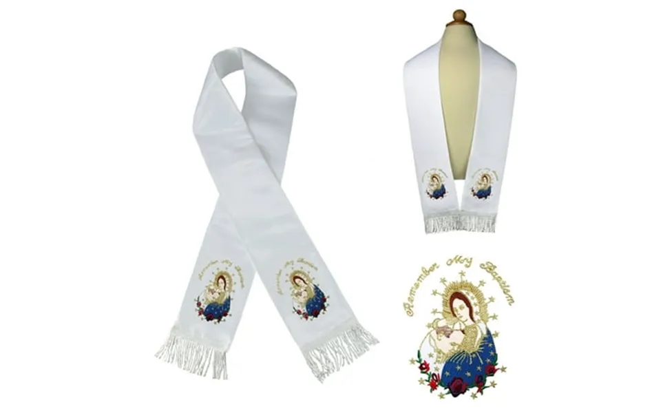 White Satin Stole Communion Baptism Christening Embroidered Virgin Mary & Pope