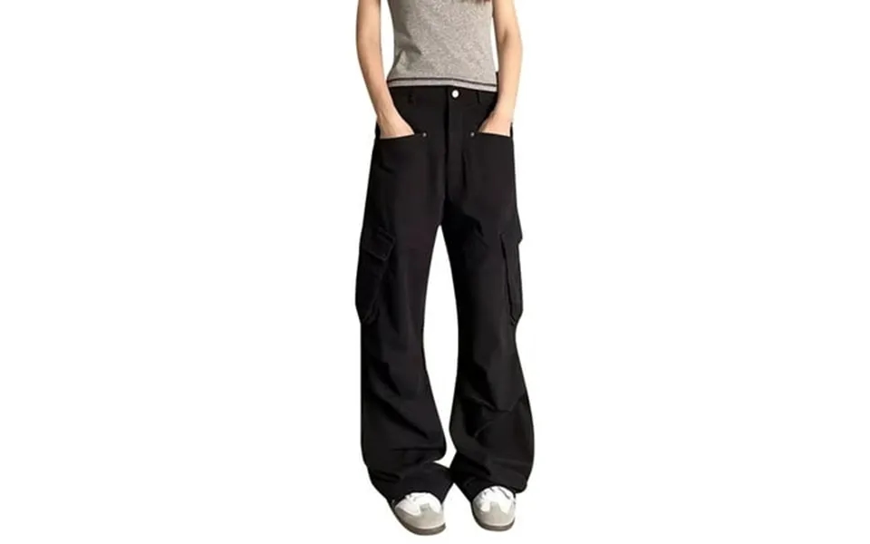 Women S Cargo Pants Low Waisted Baggy Straight Stretch Button Waist Closure Wide Leg With Pockets Streetwear Trousers