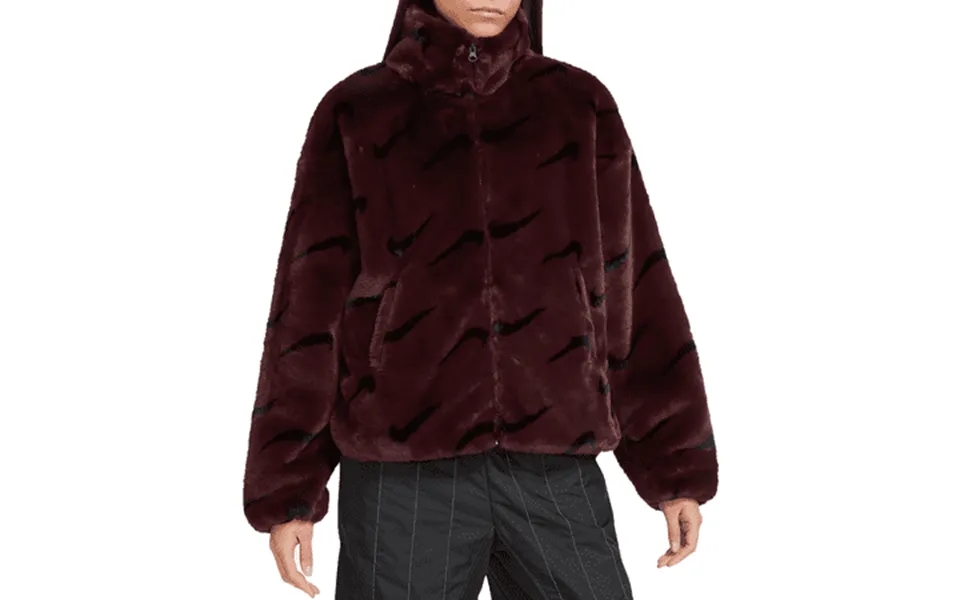Women S Nike Burgundy Black Sportswear Logo Faux Fur Zip Jacket Dq6842 652 - Xs
