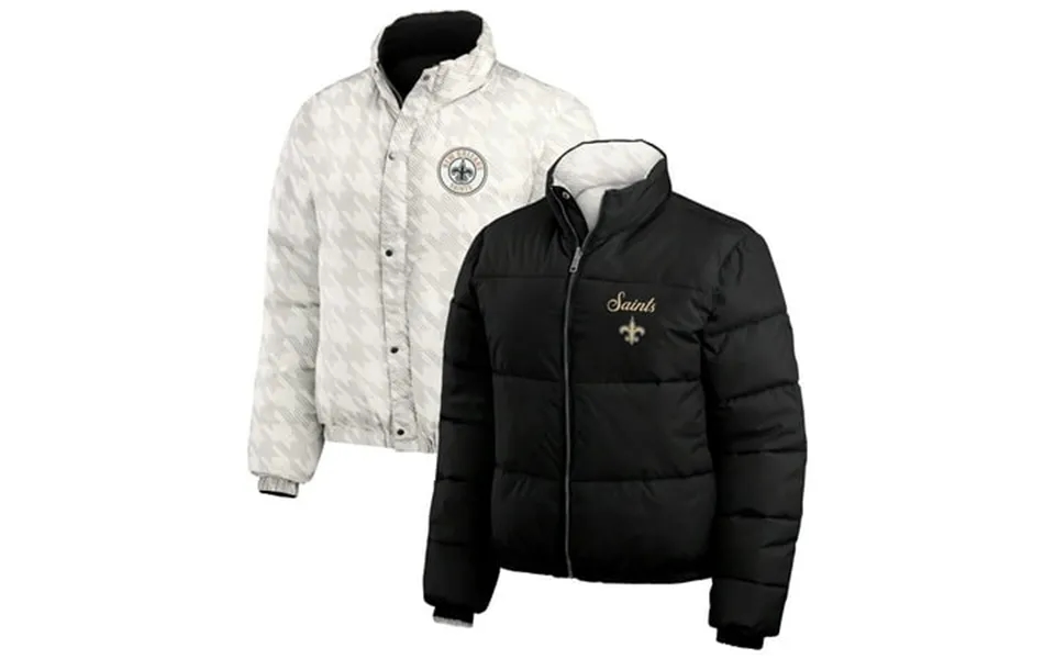 Women S Wear By Erin Andrews Black White New Orleans Saints Reversible Cropped Full-zip Puffer Jacket