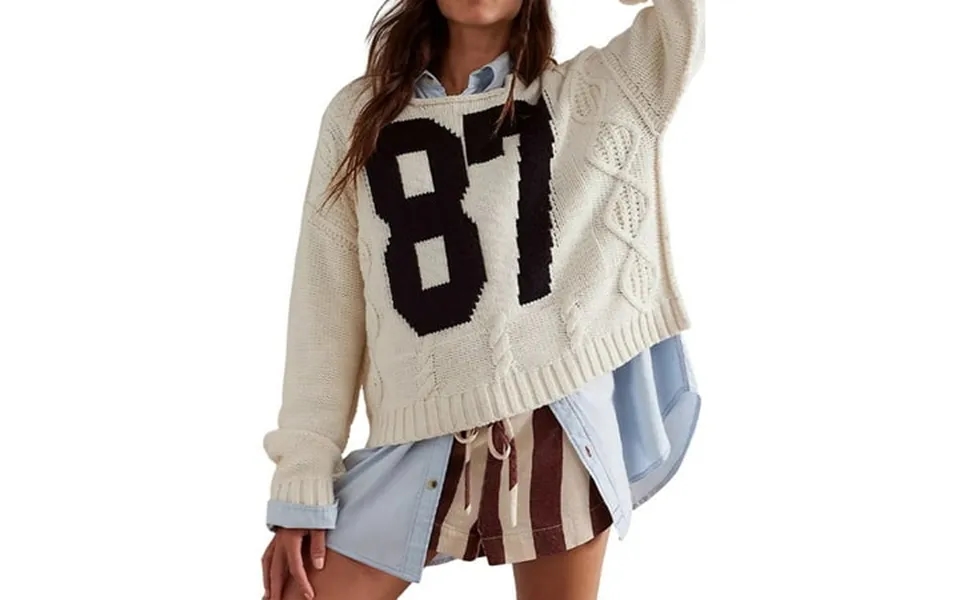 Women S Y2k Tops Oversized Crochet Number Print Shirts Crew Neck Pullover Sweater S