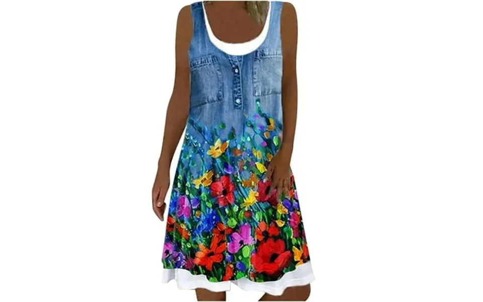 Women Shirts Dresses Summer Sleeveless Casual Faux Denim Tank Dress Fashion O-neck Fake Two-piece Floral Sundress