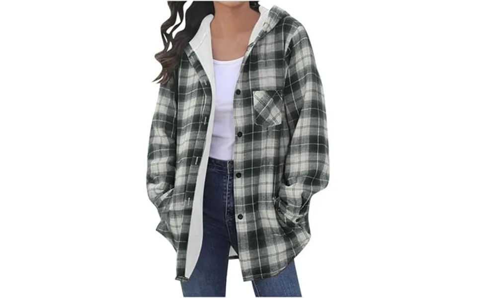 Womens Long Sleeve Flannel With Hood Button Down Plaid Shacket Jacket Hooded Coat