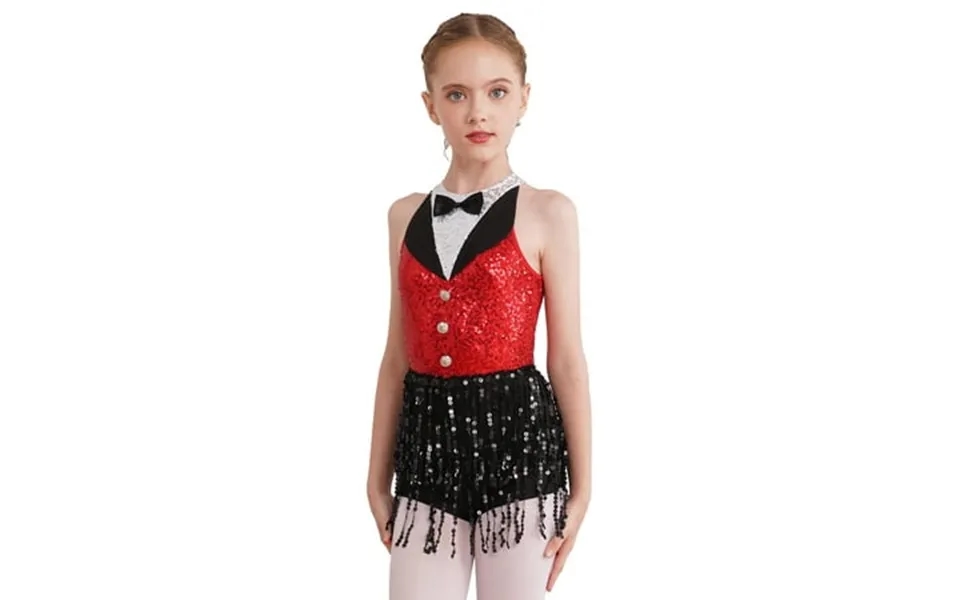 Xnihocha Kids Girls Tango Latin Jazz Dance Leotard Dress Sleeveless Sequins Tassel Hem Ballroom Dress Red 8