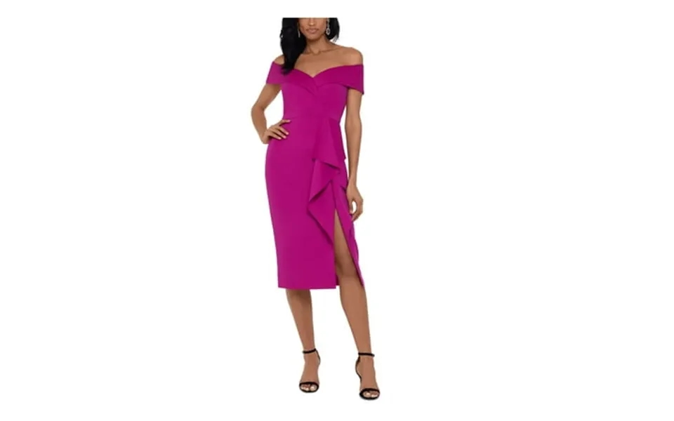 Xscape Womens Purple Zippered Scuba Waterfall-ruffle Short Sleeve Off Shoulder Midi Evening Sheath Dress 4