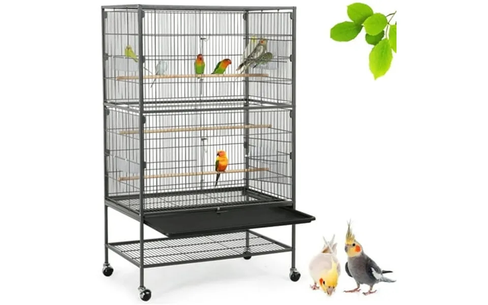 Yaheetech 52 H Metal Rolling Bird Cage With 3 Perches & 4 Feeders & Extra Storage Shelf Black