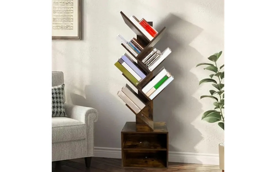 Yika 6-tier Tree Bookshelf With 2-layer Chassis Free-standing Storage Bookcase Tall Bookshelf Book Shelves For Living Ro