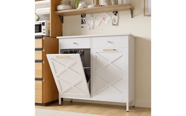 Yodolla Double Tilt Out Trash Can Kitchen Cabinet 20 Gallon Metal Trash Garbage Can Cabinet With 2 Drawers White product image