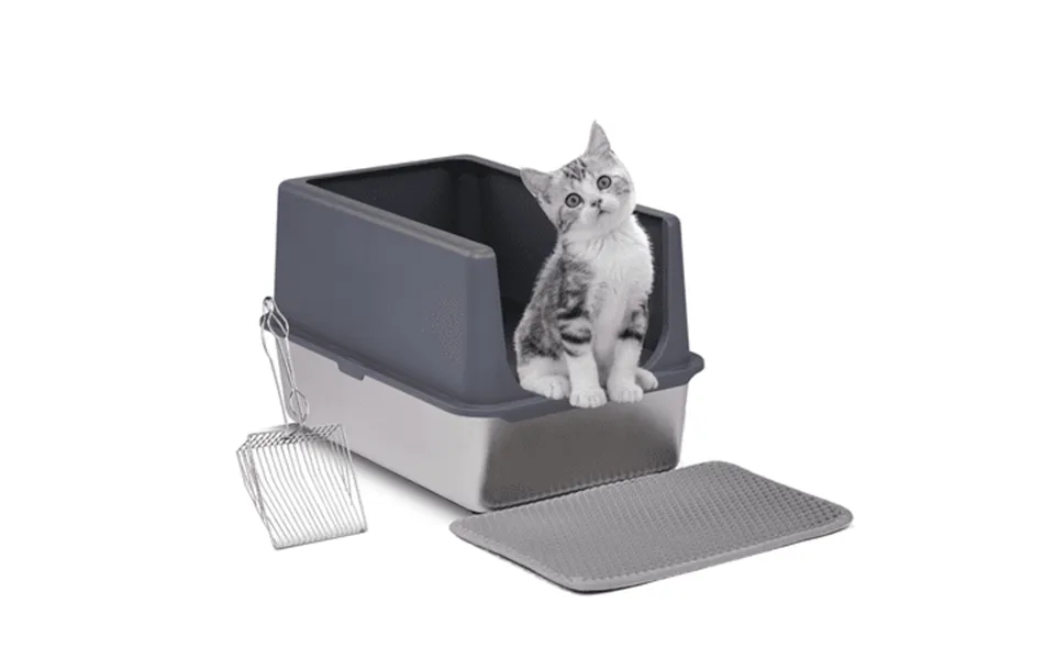 Zimtown Cat Litter Box Stainless Steel High Sided Litter Box With Scoop And Mat Medium Sized