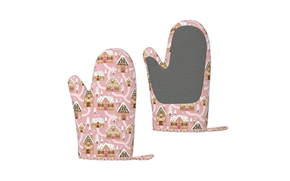 Zufioo Gingerbread Houses Pink Wonderland Print Silicone Anti-scalding Gloves Kitchen Hanging Rope Gloves Kitchen Utensi