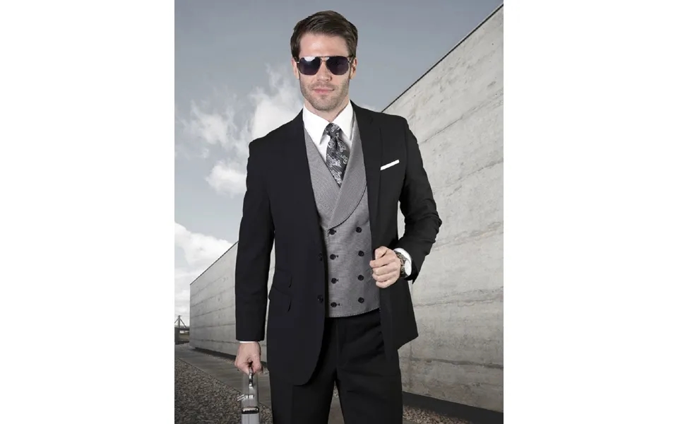 Mens 2 Button Notch Lapel Wool Suit With Double Breasted Shawl Vest In Black