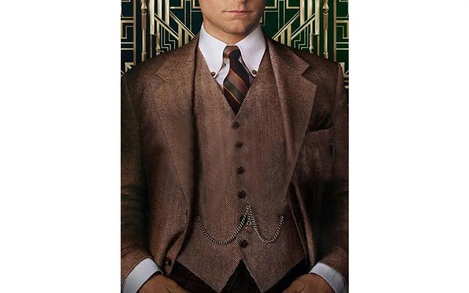 Mens Vested Great Gatsby Tweed Herringbone Tobey Maguire Suit In Light Brown