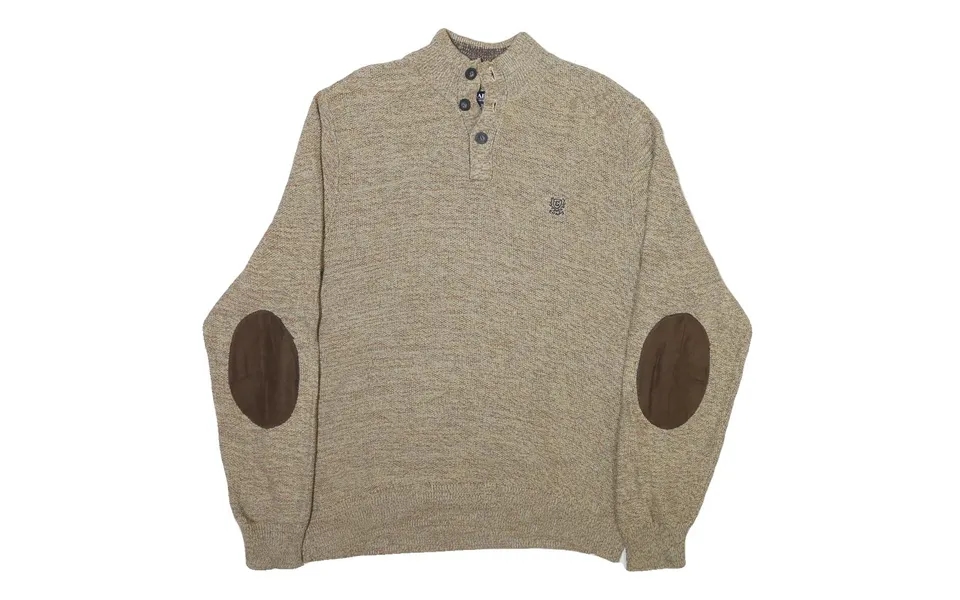 Chaps Mens Beige Button Up Plain Roll Neck Basic Knit L Cotton Blend Jumper