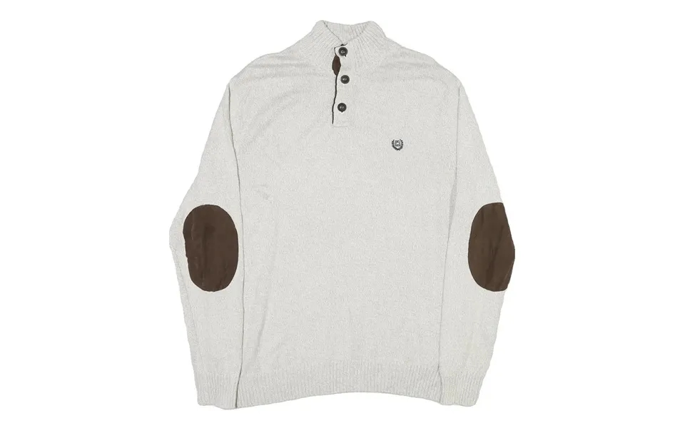 Chaps Mens Cream & Brown Button Up Plain Crew Neck Basic Knit M Cotton Blend