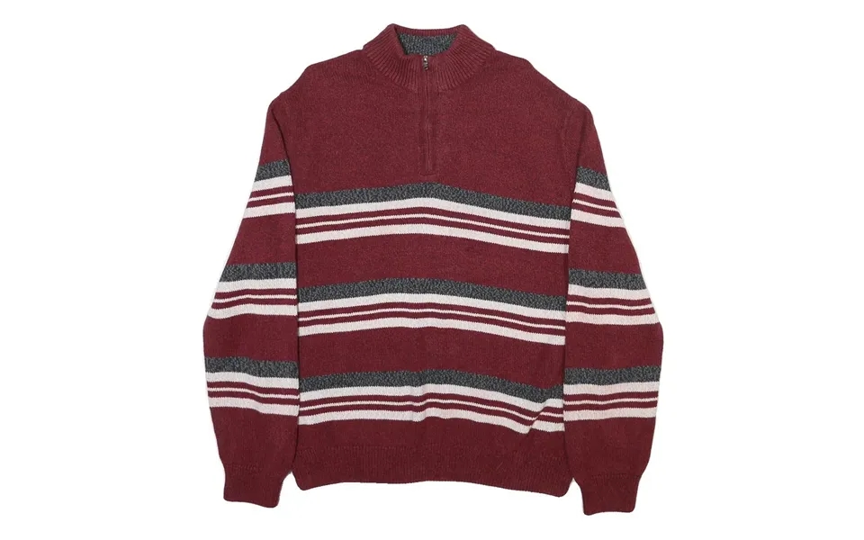 Chaps Mens Maroon & Grey Striped Cotton Blend Patterned Jumper Half Zip Crew