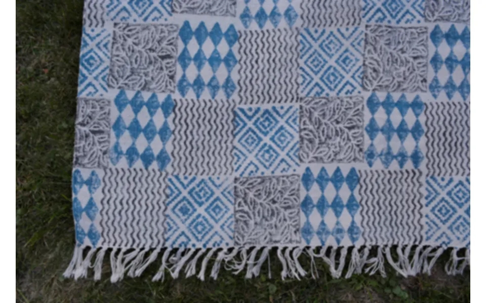 Indigo Dyed Handwoven Block Printed Cotton Rug With Floral Design