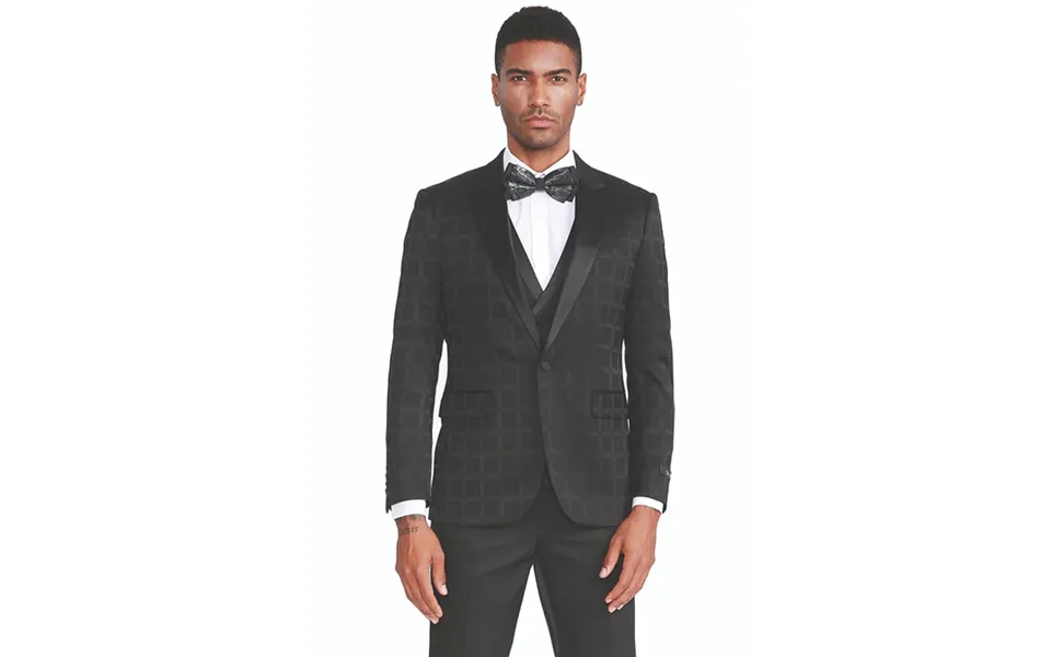 Black Plaid Men's Tuxedo With One Button Peak Lapel & Double Breasted Vest