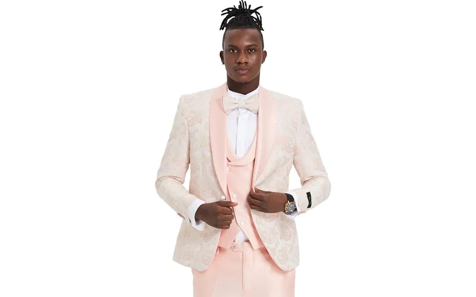 Men's Pink Paisley Prom Tuxedo - One Button Vested Shawl Lapel