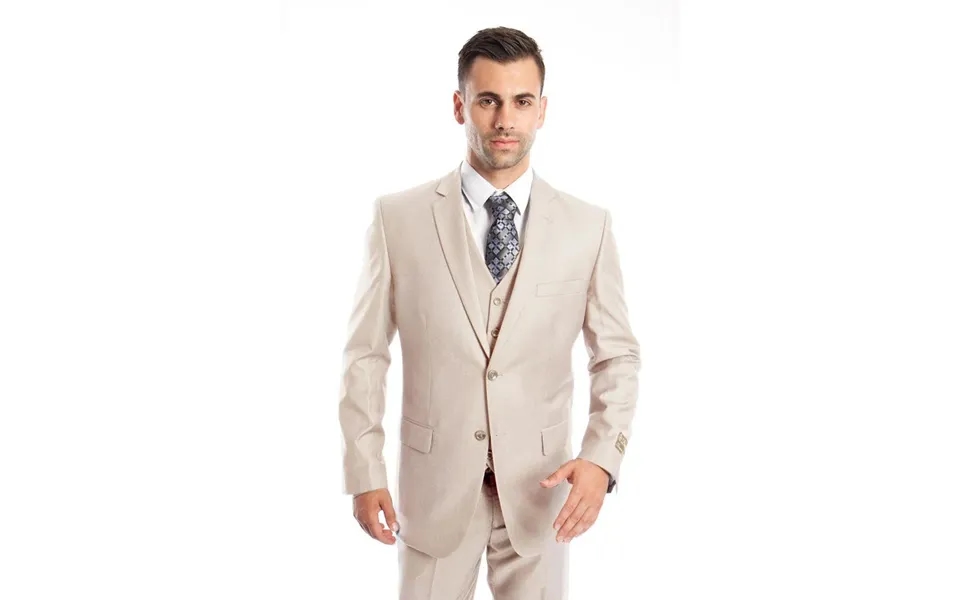Men's Solid Tan Wedding Suit - Two Button Vested Business Attire