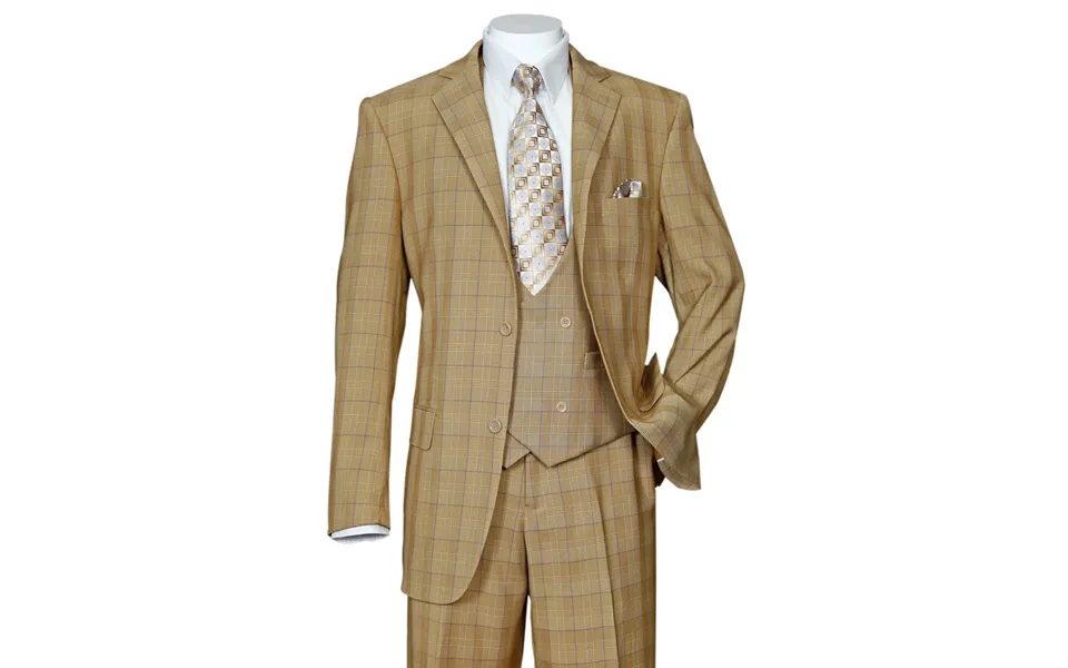 Modern Fit Plaid Windowpane Men's Suit With Double Breasted Vest - Tan