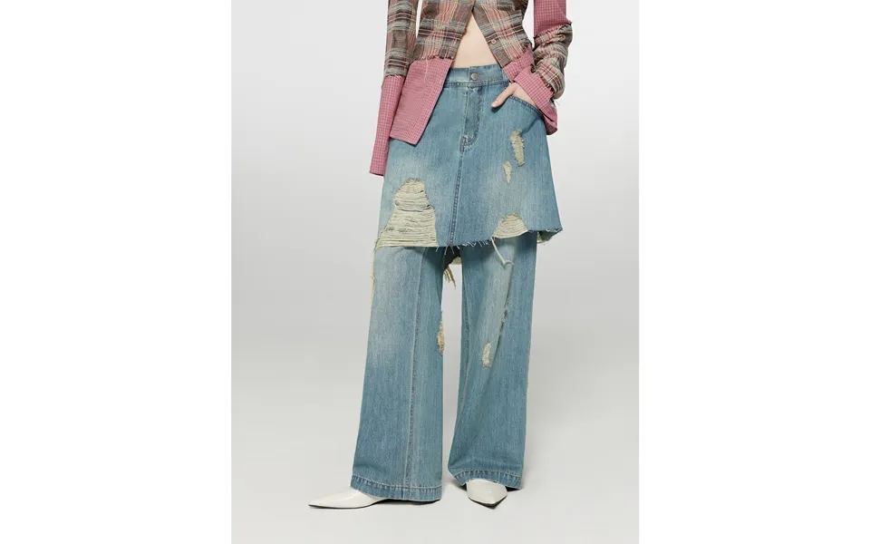 Fashionable Sniper Tencel Blended Fake Two-piece Stitching Jeans Women's Ripped Raw Edge Straight Wide-leg Pants - S Was