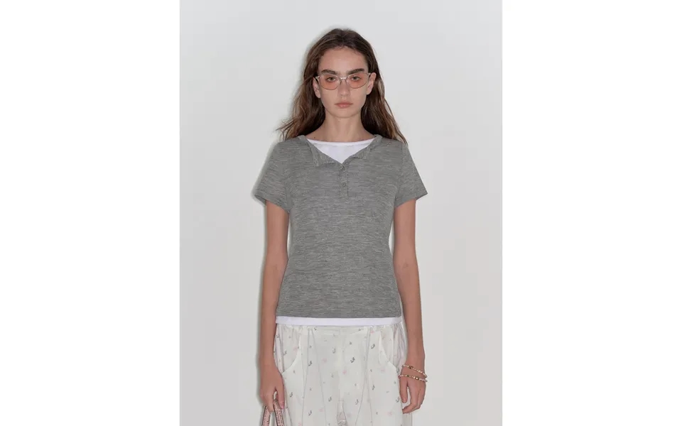 Simple Advent Fine Australian Wool Skin-friendly Fit Henley Neck Tight T-shirt - M Gray