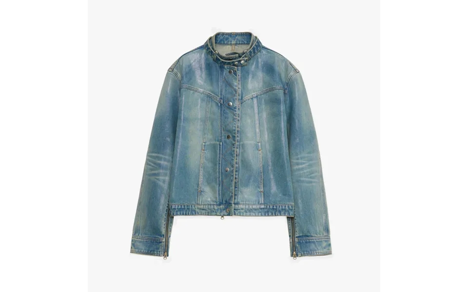 Welsh Original Leather Coating Process Distressed Motorcycle Style Stand Collar Short Denim Jacket - M Blue