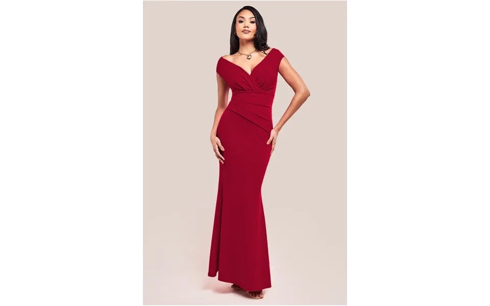 Goddiva Bardot Pleated Maxi Dress - Wine
