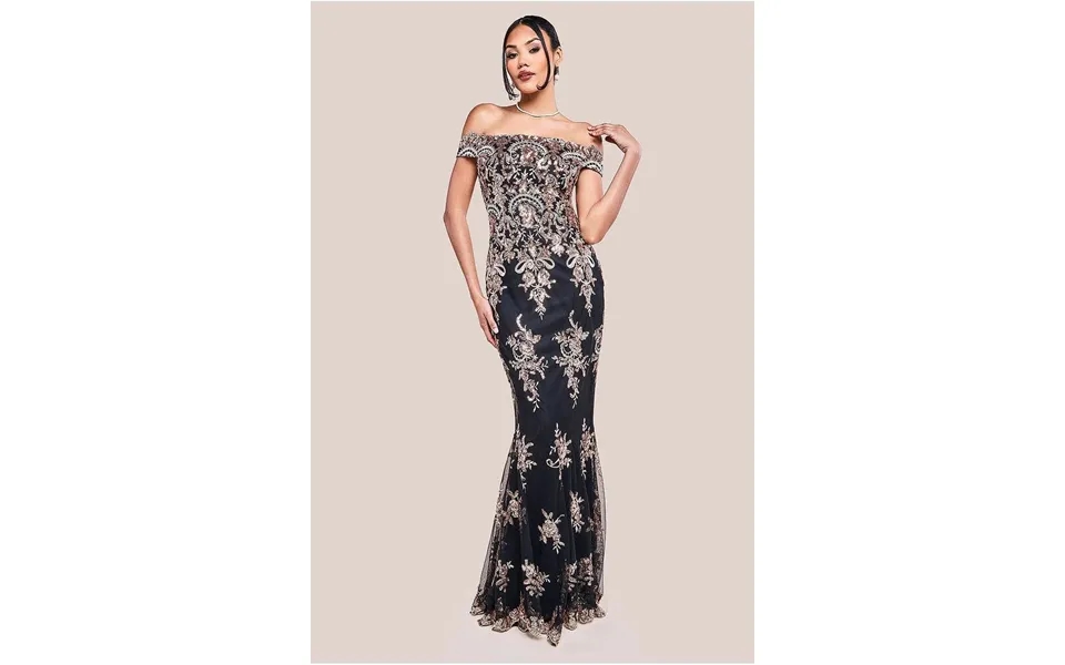Goddiva Bardot Sequin Embroidered Maxi Dress - Champagne