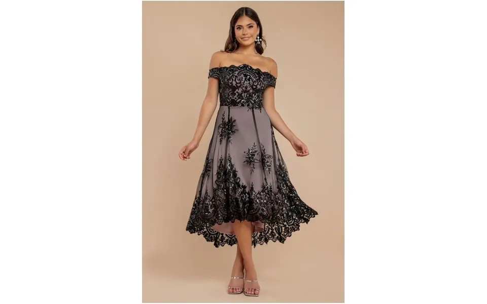 Goddiva Bardot Sequin & Lace High Low Midi - Black