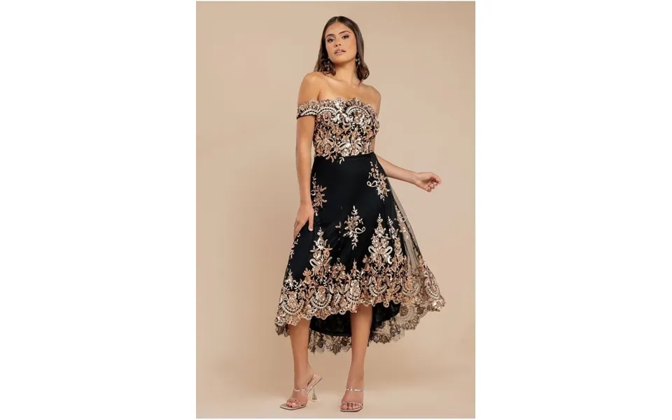 Goddiva Bardot Sequin & Lace High Low Midi - Champagne